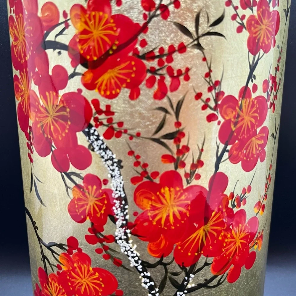 Stunning Gold Vase with Beautiful Crimson Flowers Asian